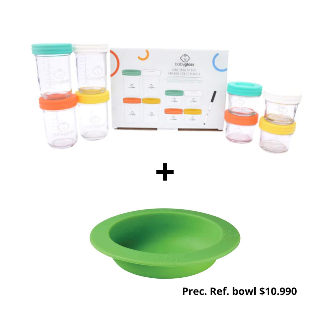 BABYGLASS: Set 4 contenedores 120 ml + 4 contenedores 240 ml + lápiz marcador + BOWL SILICONA OOGAA