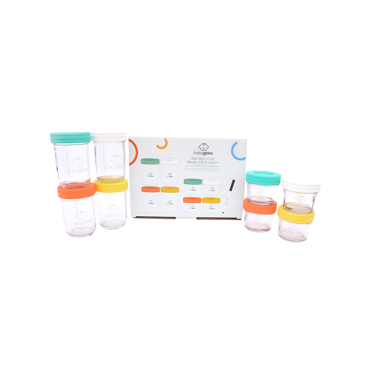 BABYGLASS 8: Set 4 contenedores 120 ml + 4 contenedores 240 ml + lápiz marcador