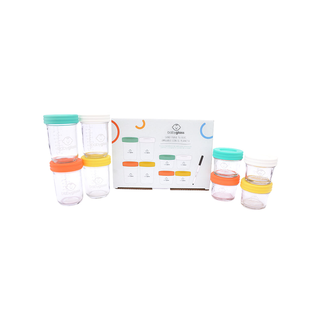 BABYGLASS: Set 4 contenedores 120 ml + 4 contenedores 240 ml + lápiz marcador