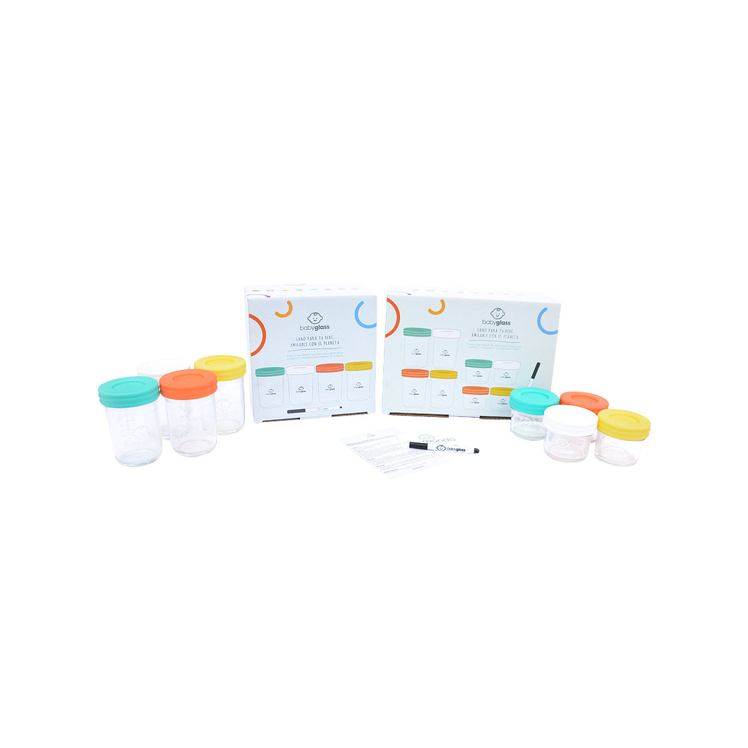 BABYGLASS: PACK SET GRANDE + SET PEQUEÑO  Incluye Set grande de 4 contenedores 240 ml y 4 contenedores 120 ml + Set  pequeño de 4 contenedores 240 ml