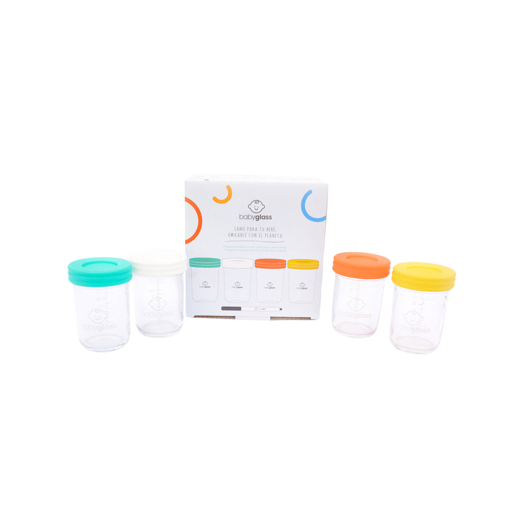 BABYGLASS: Set 4 contenedores 240 ml + lápiz marcador