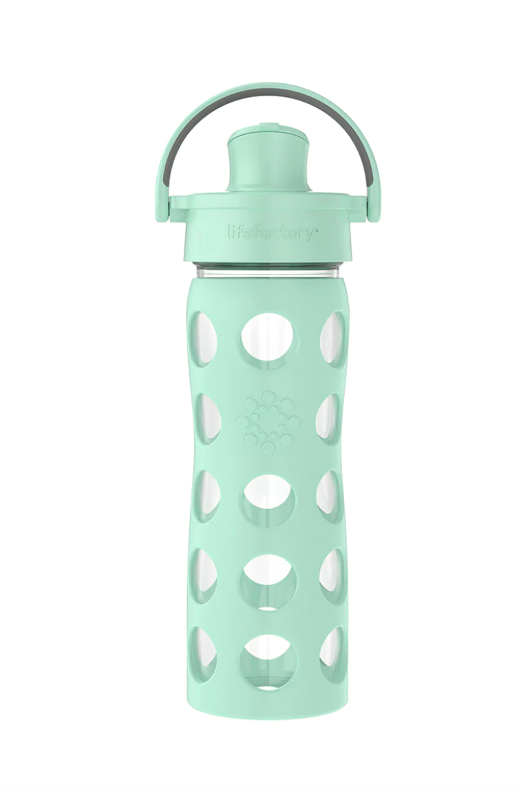 Botella de vidrio 475 ml. con tapa active y funda de silicona