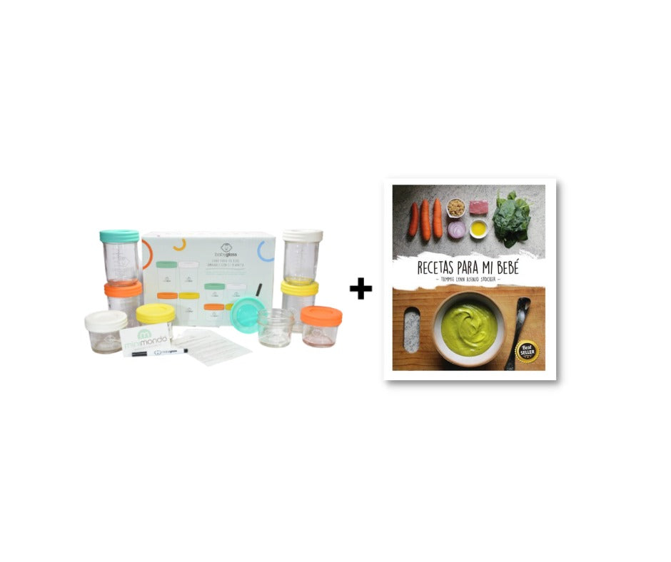 Pack Contenedores + Libro: Set 4 contenedores 120 ml + 4 contenedores 240 ml + lápiz marcador BABYGLASS + Libro "Recetas para mi Bebé"